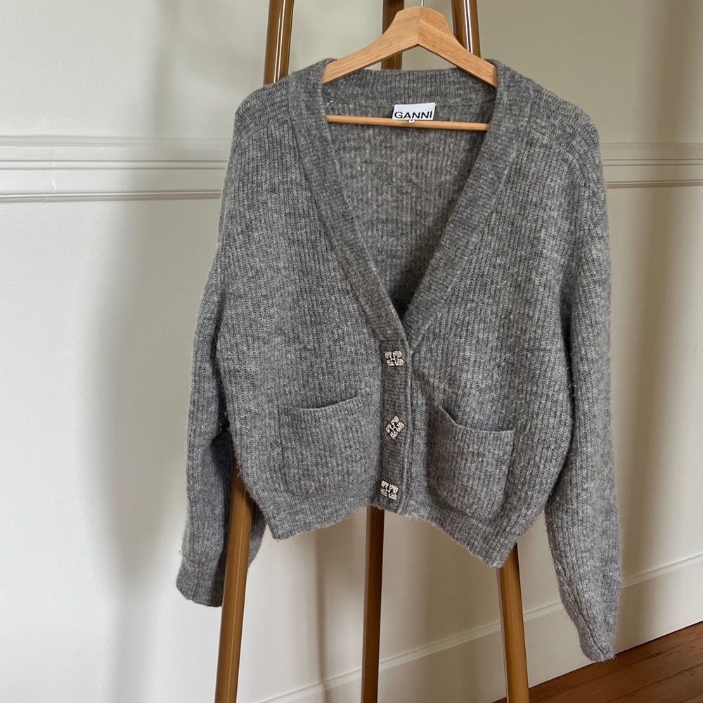 Ganni Alpaca blend crystal grey button cardigan with pockets